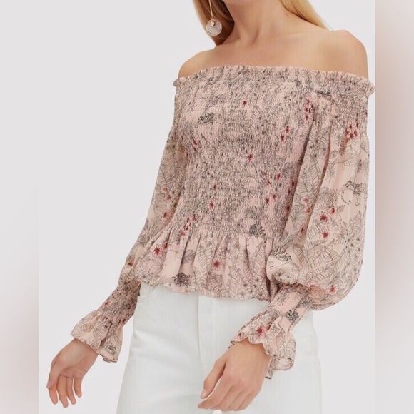 ALEXIS INTERMIX JORDANA PINK GREY FLORAL SMOCKED OFF SHOULDER TOP size medium - Picture 2 of 6